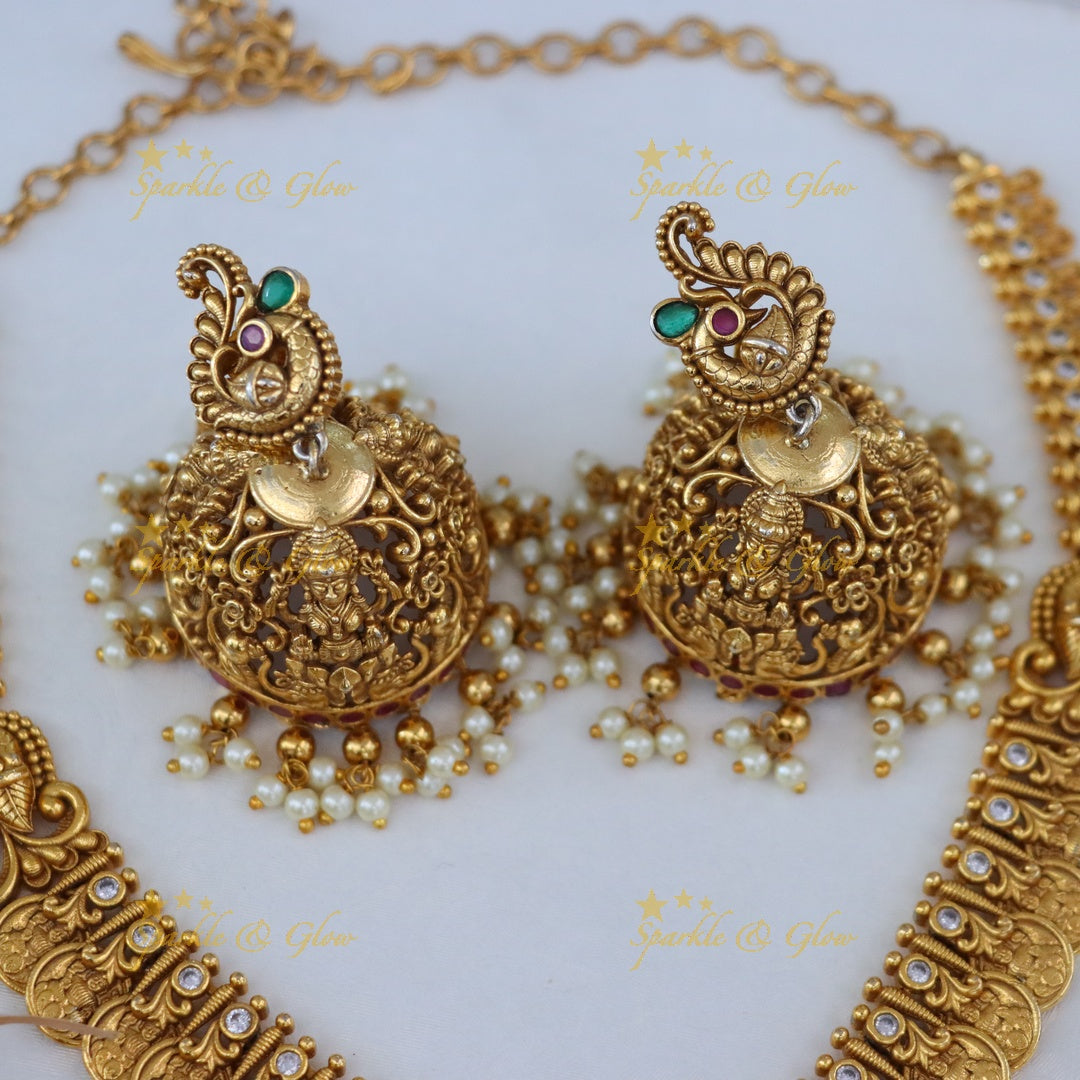 Antique Gold Polish Lakshmi Coin Necklace - Pink