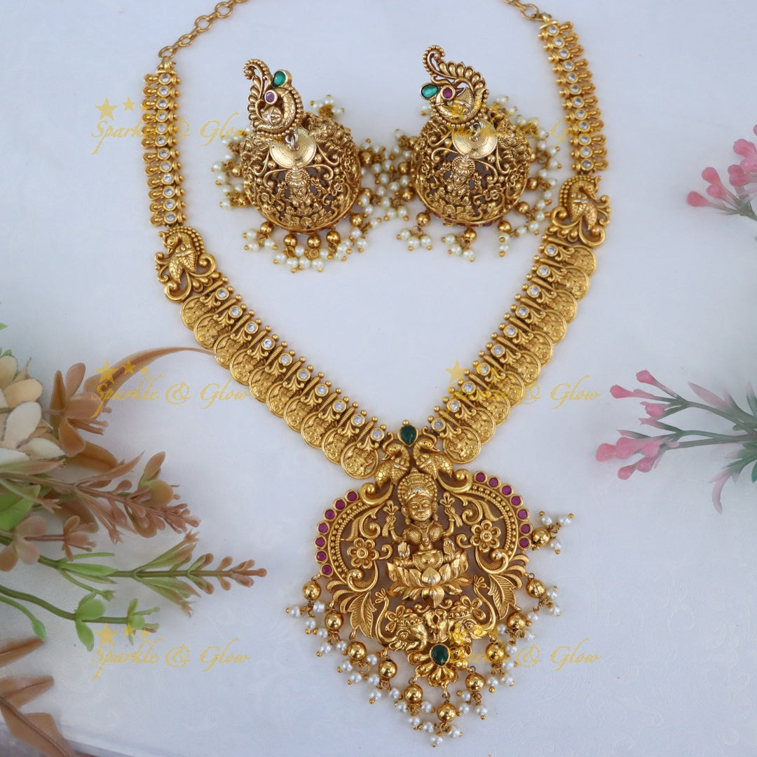 Antique Gold Polish Lakshmi Coin Necklace - Pink
