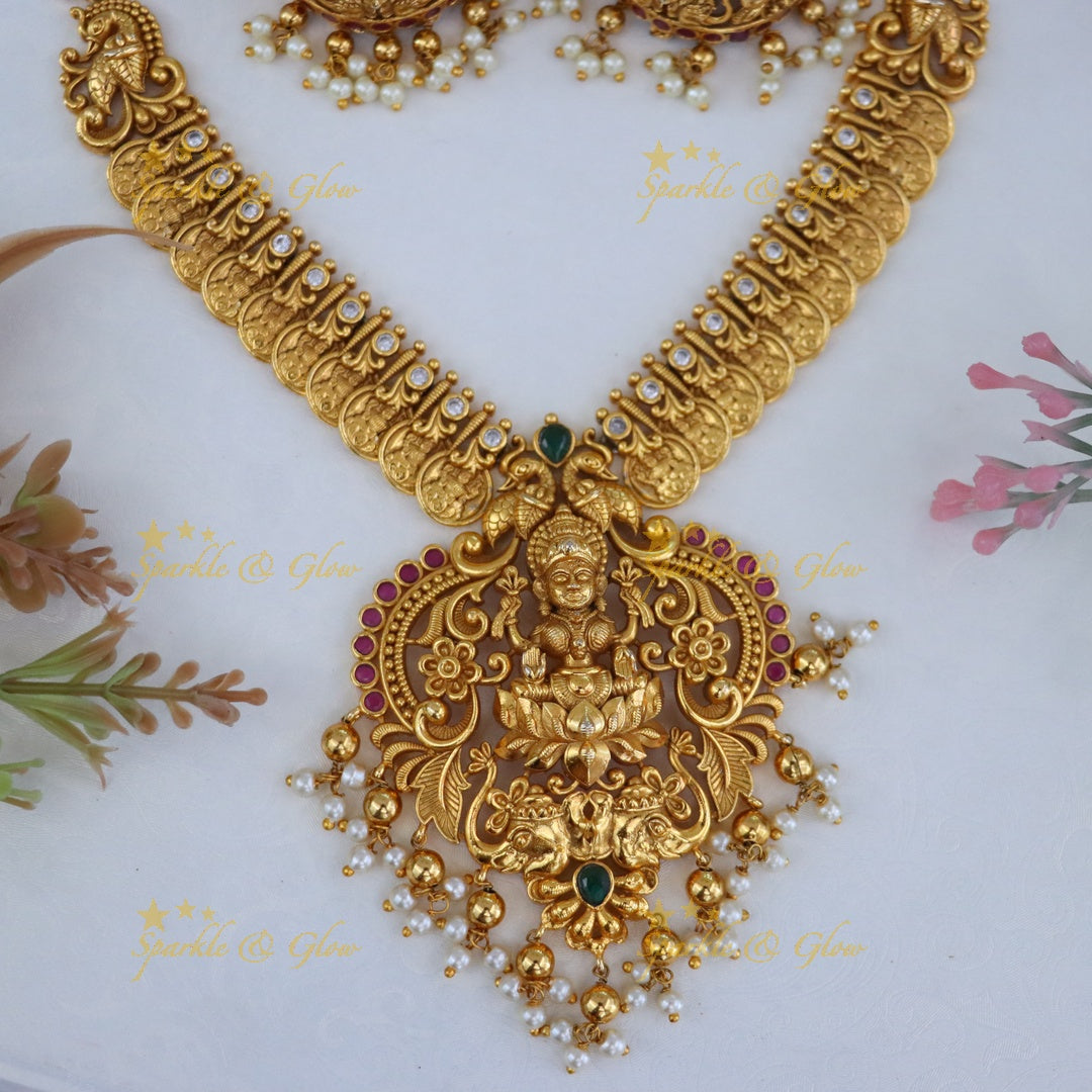 Antique Gold Polish Lakshmi Coin Necklace - Pink