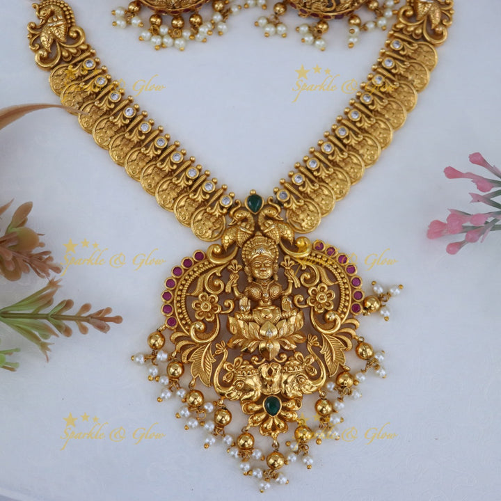 Antique Gold Polish Lakshmi Coin Necklace - Pink