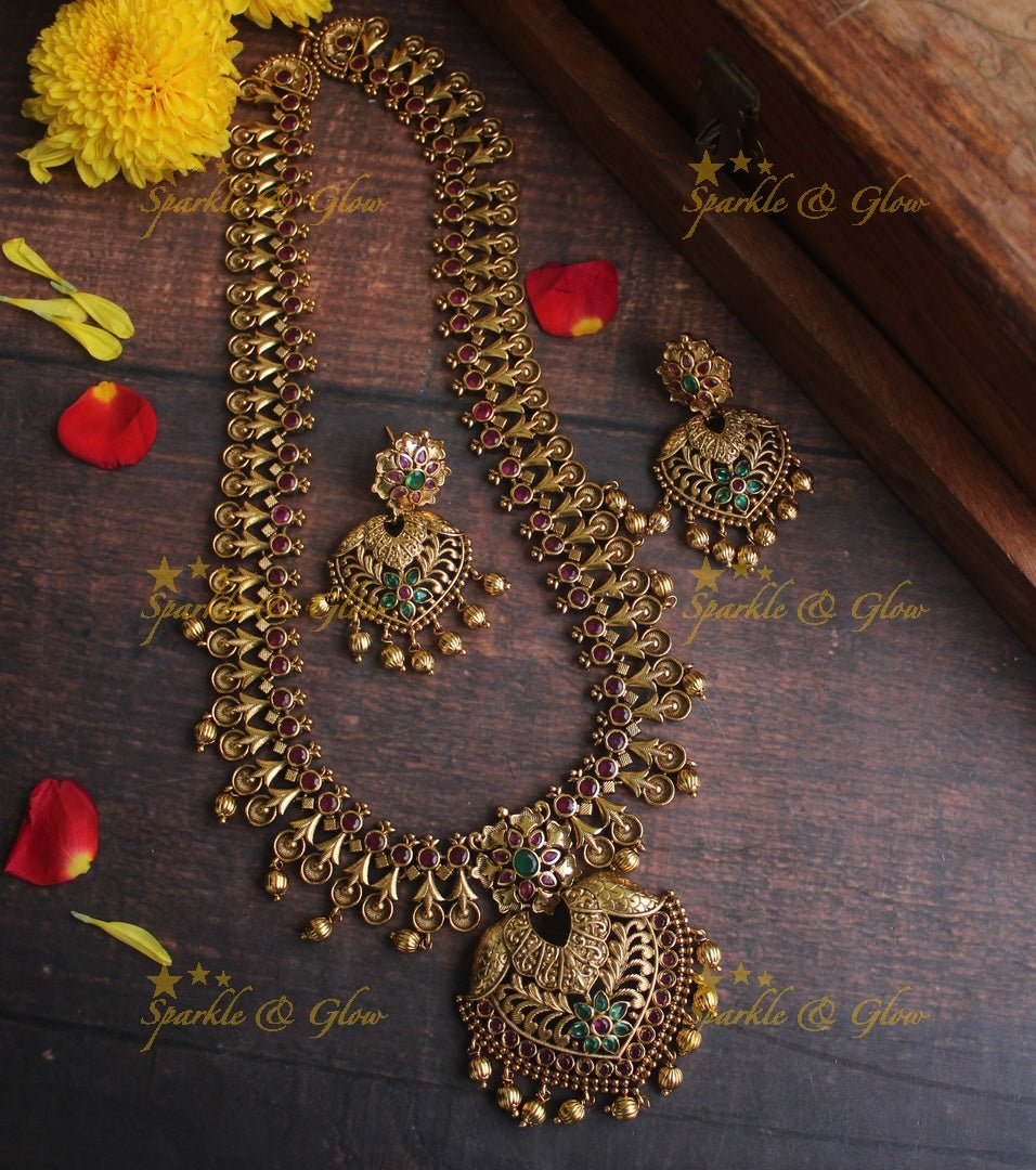Gold alike Antique polished intricate non idol long necklace - Sparkle and Glow - Back Thread - 