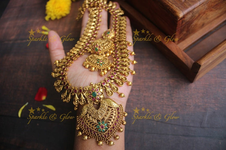 Gold alike Antique polished intricate non idol long necklace - Sparkle and Glow - Back Thread - 