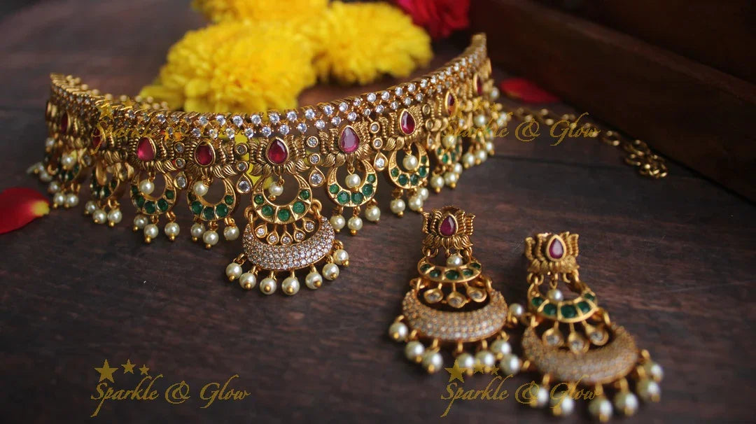 Gold alike Antique polished CZ Stone lotus design choker - Multi - Sparkle and Glow