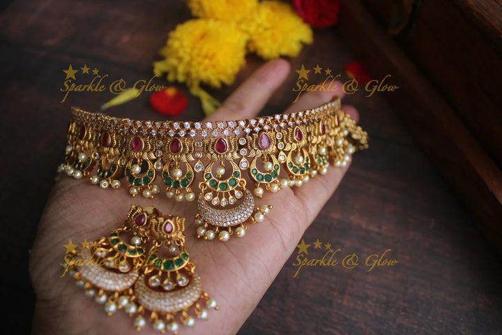 Gold alike Antique polished CZ Stone lotus design choker - Multi - Sparkle and Glow