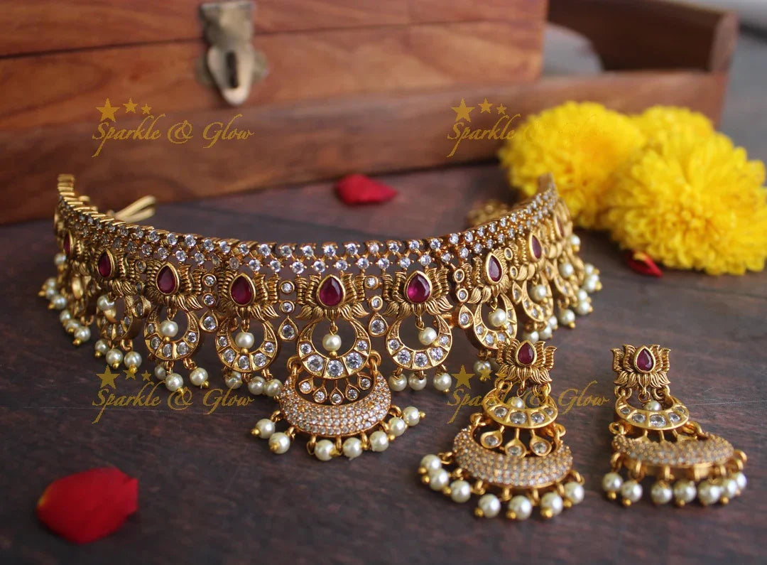 Gold alike Antique polished CZ Stone lotus design choker - Multi - Sparkle and Glow