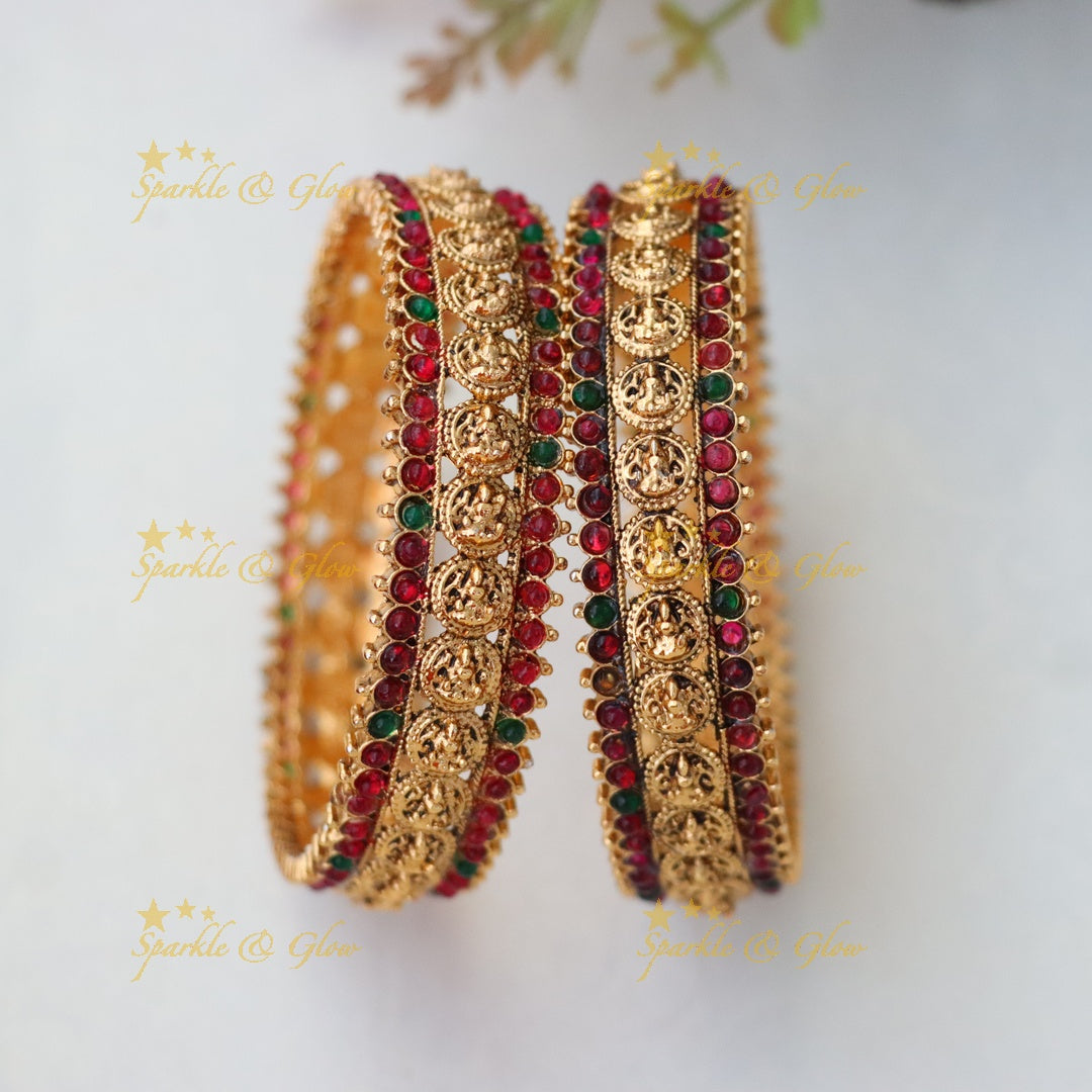 Exquisite Temple Design Gold Bangles with Red Stones
