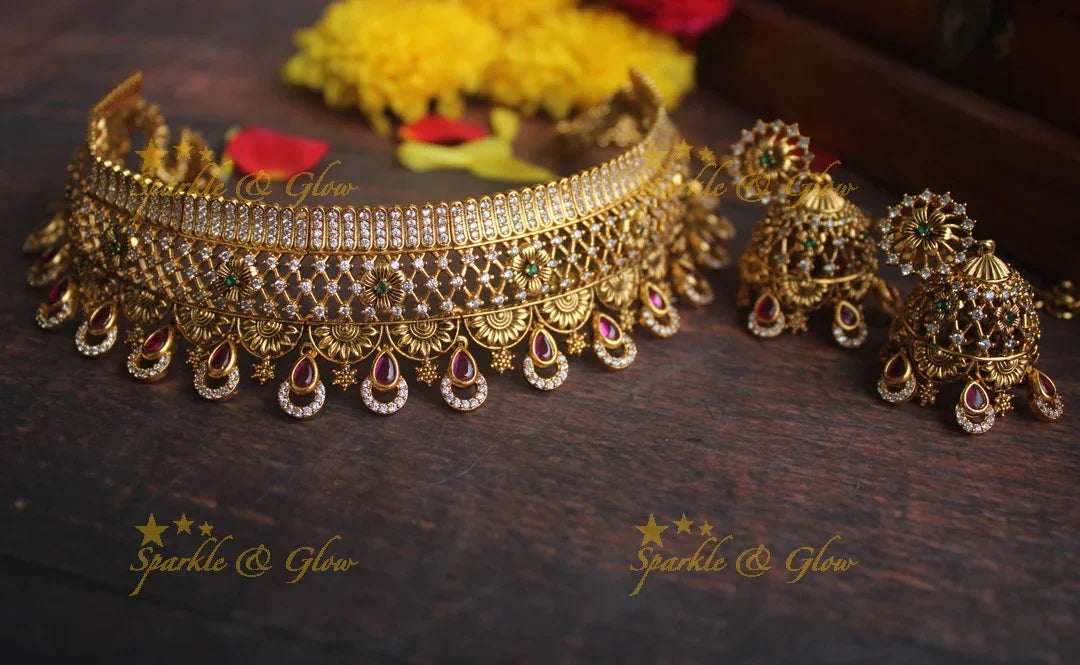 Gold alike Antique polished CZ Stone choker - Multi - Sparkle and Glow