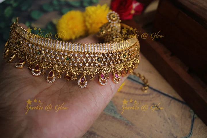 Gold alike Antique polished CZ Stone choker - Multi - Sparkle and Glow
