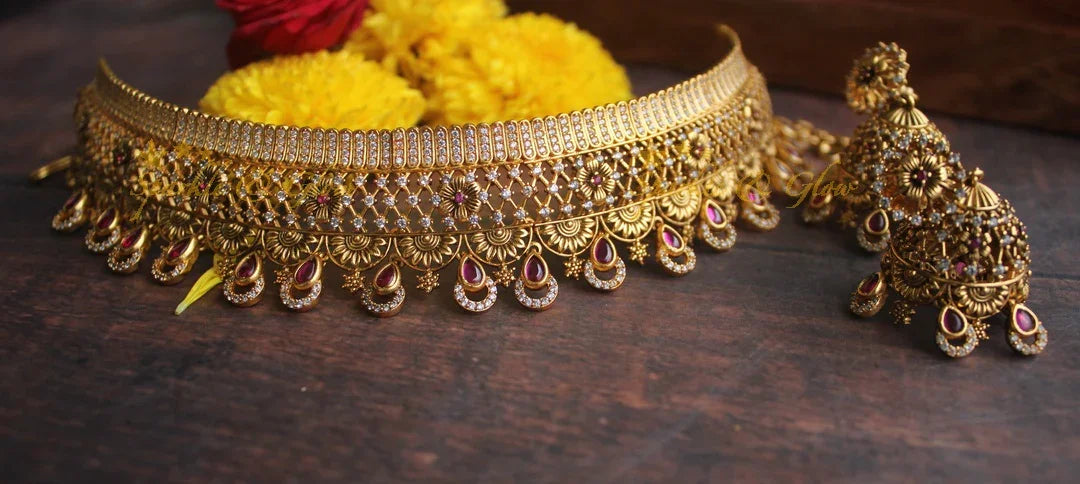 Gold alike Antique polished CZ Stone choker - Multi - Sparkle and Glow