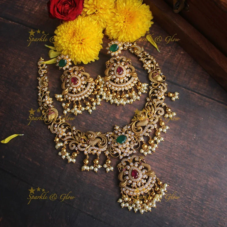 Gold alike Antique polished intricate peacock necklace with gutta pusalu - Sparkle and Glow