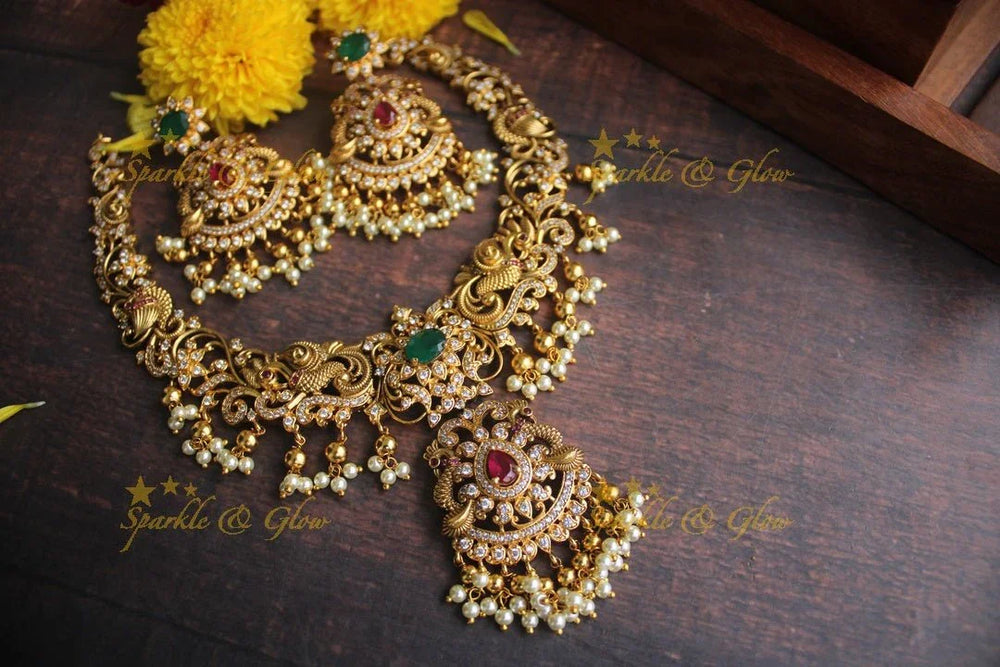 Gold alike Antique polished intricate peacock necklace with gutta pusalu - Sparkle and Glow