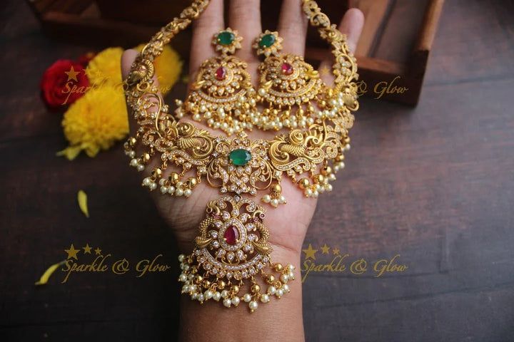 Gold alike Antique polished intricate peacock necklace with gutta pusalu - Sparkle and Glow