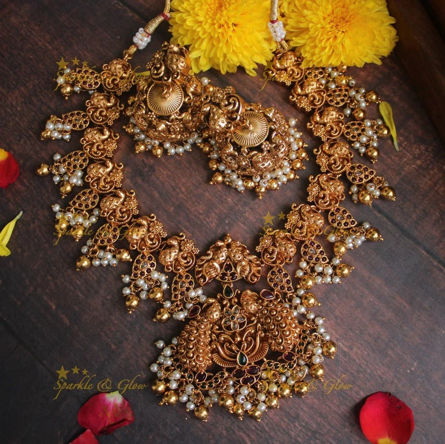 Premium mattepolished intricate peacock necklace with gutta pusalu - Gold - Sparkle and Glow