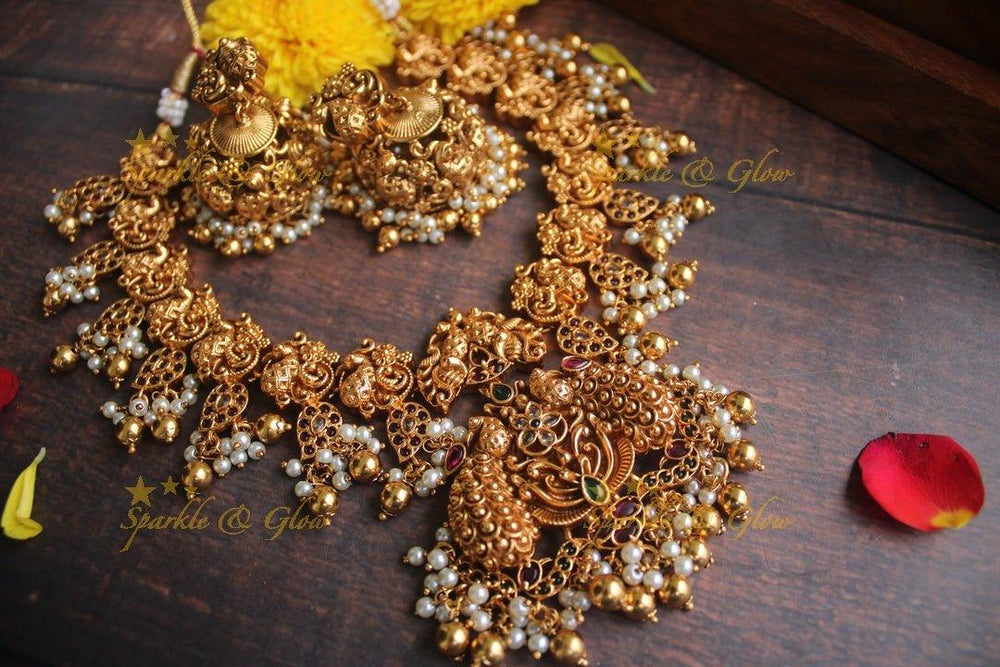 Premium mattepolished intricate peacock necklace with gutta pusalu - Gold - Sparkle and Glow