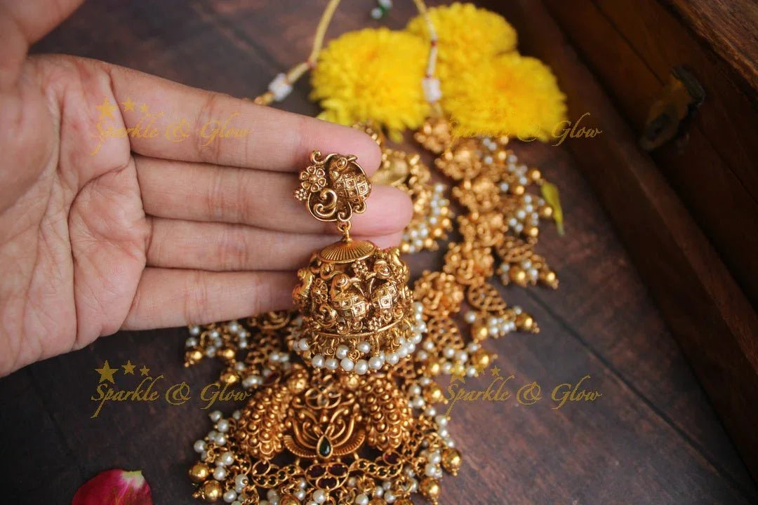 Premium mattepolished intricate peacock necklace with gutta pusalu - Gold - Sparkle and Glow