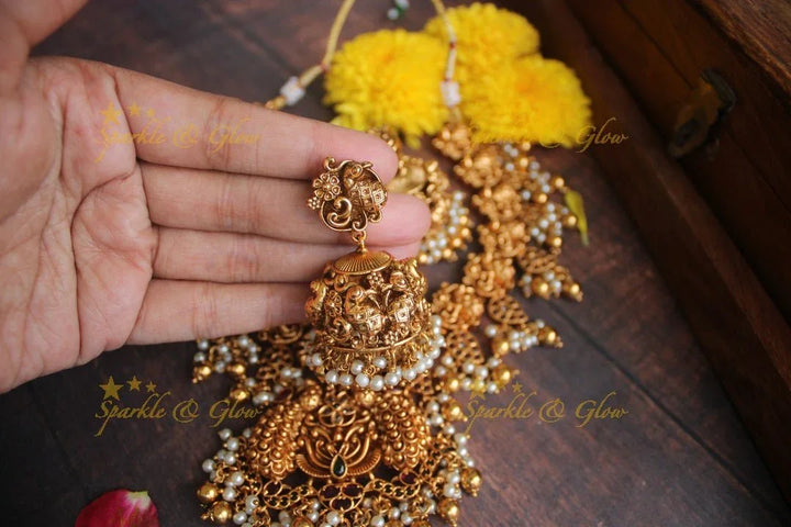 Premium mattepolished intricate peacock necklace with gutta pusalu - Gold - Sparkle and Glow