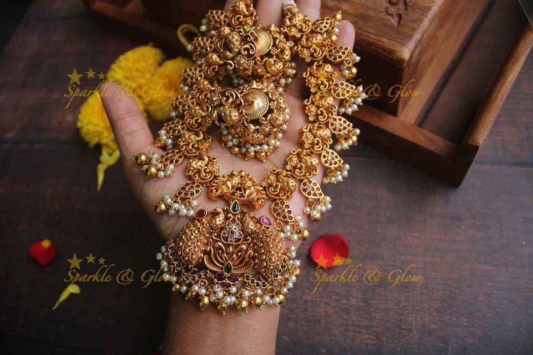 Premium mattepolished intricate peacock necklace with gutta pusalu - Gold - Sparkle and Glow