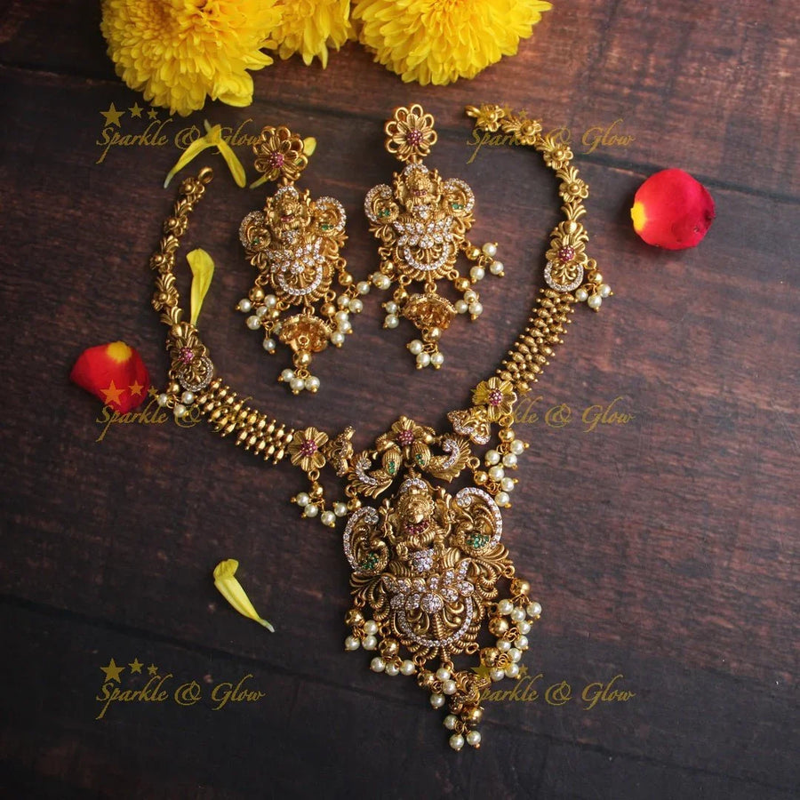 Gold alike Antique polished intricate peacock necklace with gutta pusalu - Sparkle and Glow