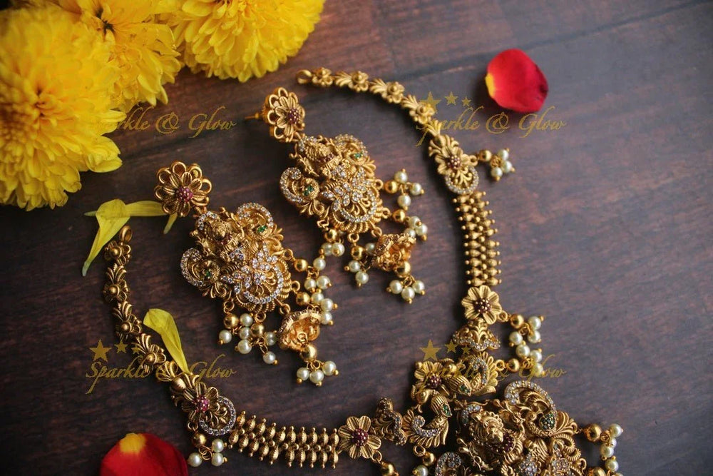 Gold alike Antique polished intricate peacock necklace with gutta pusalu - Sparkle and Glow