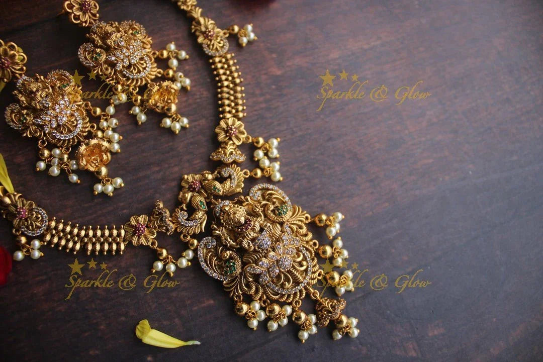 Gold alike Antique polished intricate peacock necklace with gutta pusalu - Sparkle and Glow