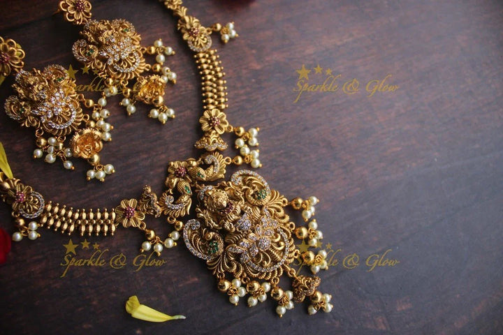 Gold alike Antique polished intricate peacock necklace with gutta pusalu - Sparkle and Glow