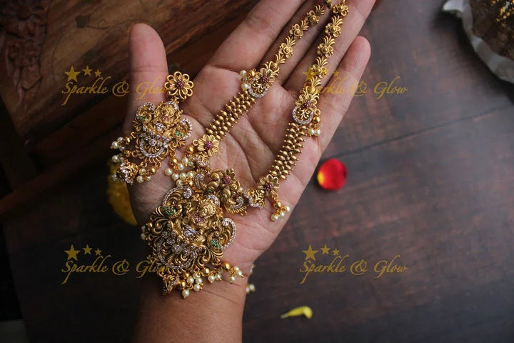 Gold alike Antique polished intricate peacock necklace with gutta pusalu - Sparkle and Glow