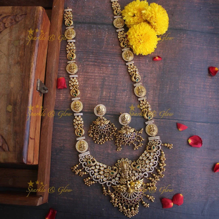 Gold alike Antique polished intricate cz stones peacock and Lakshmi carved haram - Sparkle and Glow