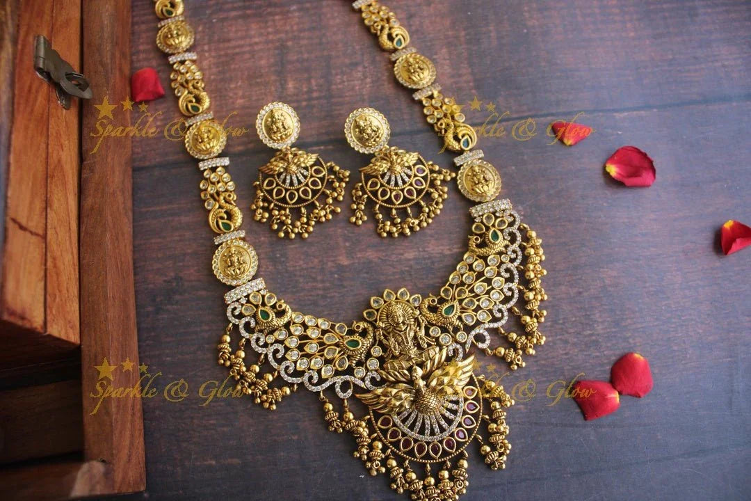 Gold alike Antique polished intricate cz stones peacock and Lakshmi carved haram - Sparkle and Glow