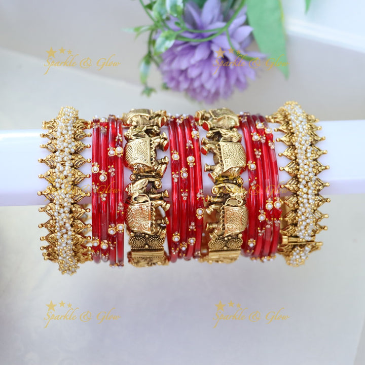 Majestic Elephant Pearl Cluster Bridal Bangles Set