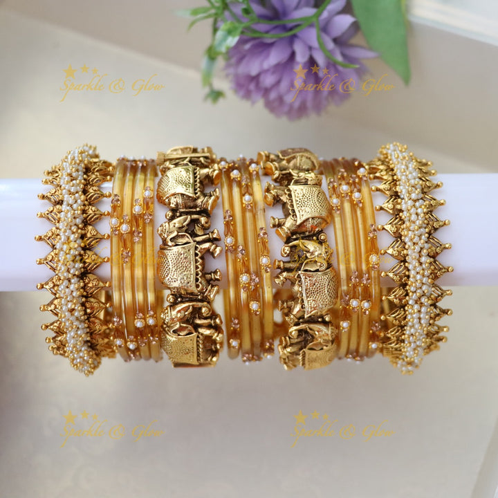 Majestic Elephant Pearl Cluster Bridal Bangles Set