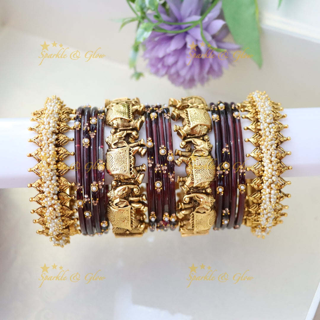Majestic Elephant Pearl Cluster Bridal Bangles Set