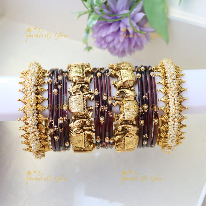 Majestic Elephant Pearl Cluster Bridal Bangles Set