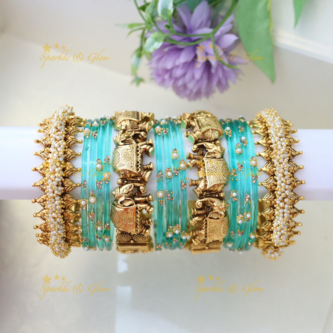 Majestic Elephant Pearl Cluster Bridal Bangles Set