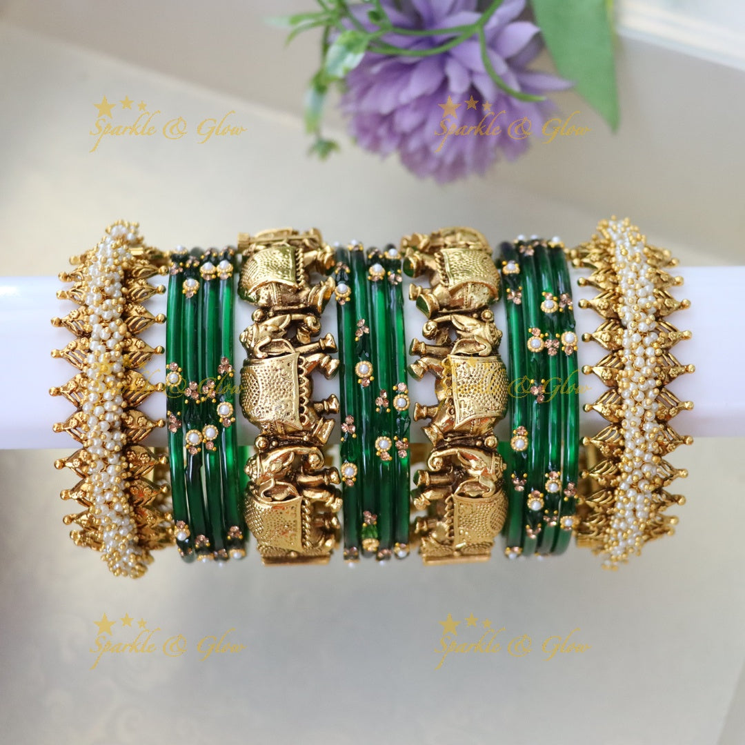 Majestic Elephant Pearl Cluster Bridal Bangles Set