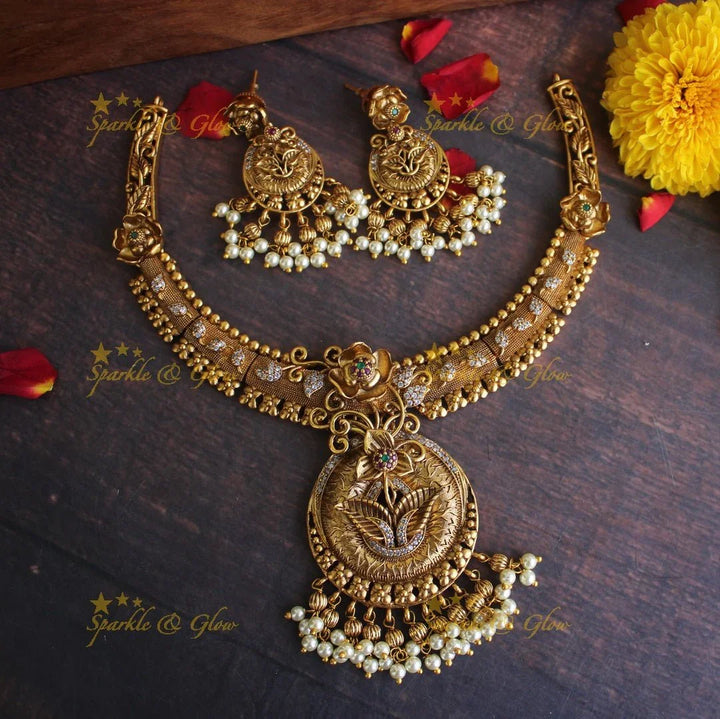 Gold alike Antique polished intricate non idol stone pipe necklace - Sparkle and Glow
