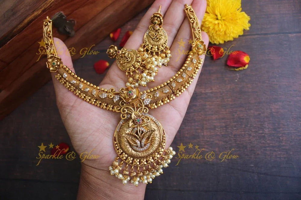 Gold alike Antique polished intricate non idol stone pipe necklace - Sparkle and Glow
