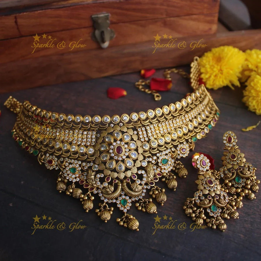 Gold alike Antique polished CZ Stone peacock choker - Sparkle and Glow