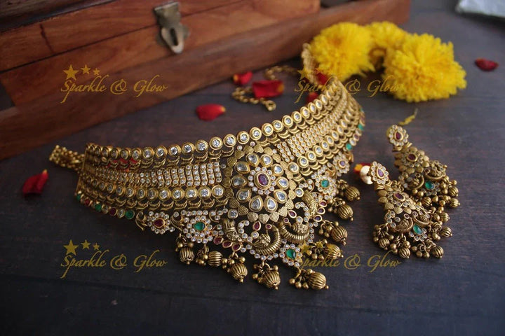 Gold alike Antique polished CZ Stone peacock choker - Sparkle and Glow