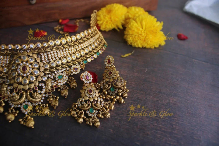 Gold alike Antique polished CZ Stone peacock choker - Sparkle and Glow