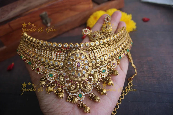 Gold alike Antique polished CZ Stone peacock choker - Sparkle and Glow