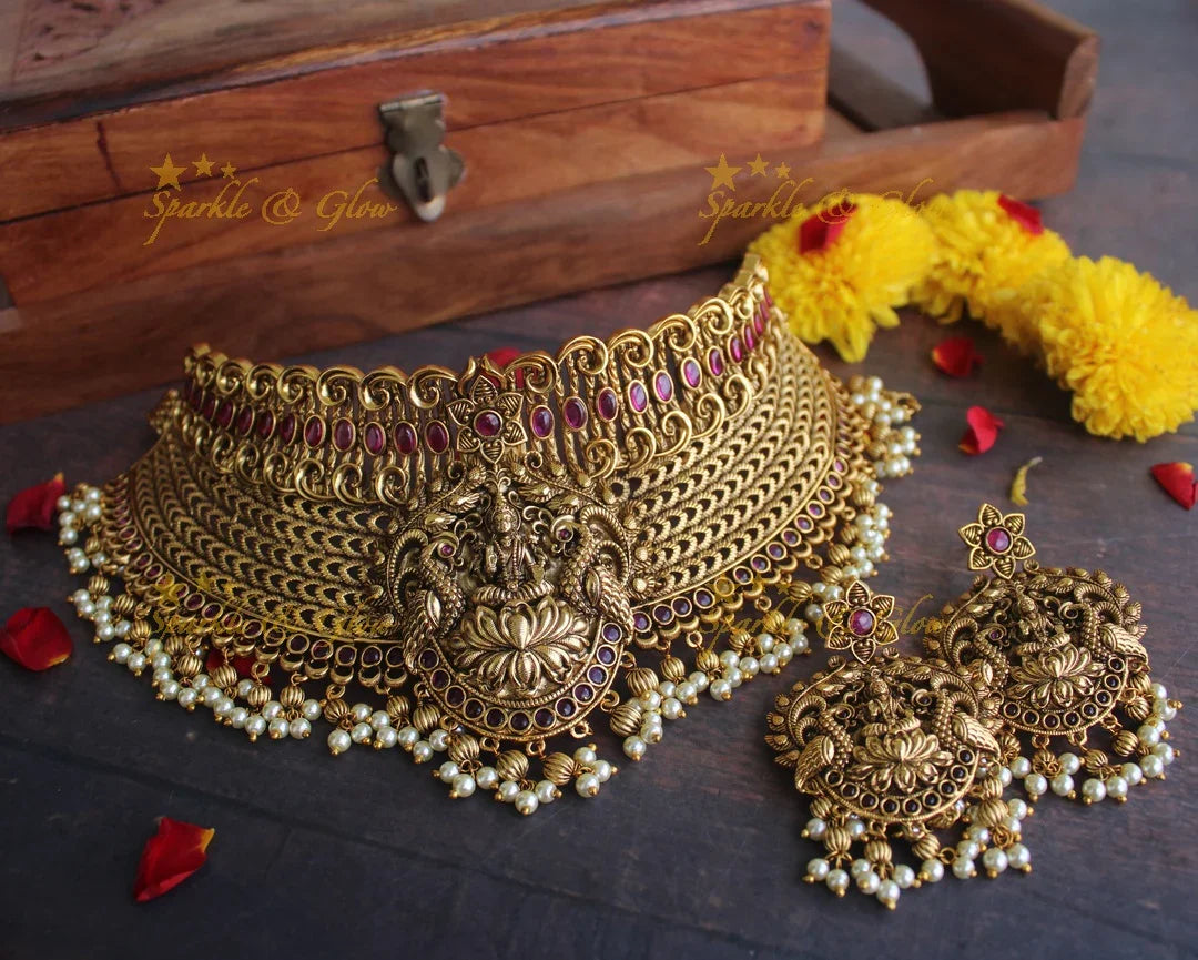 Gold alike Antique polished kemp Stone Lakshmi choker - Pink - Sparkle and Glow