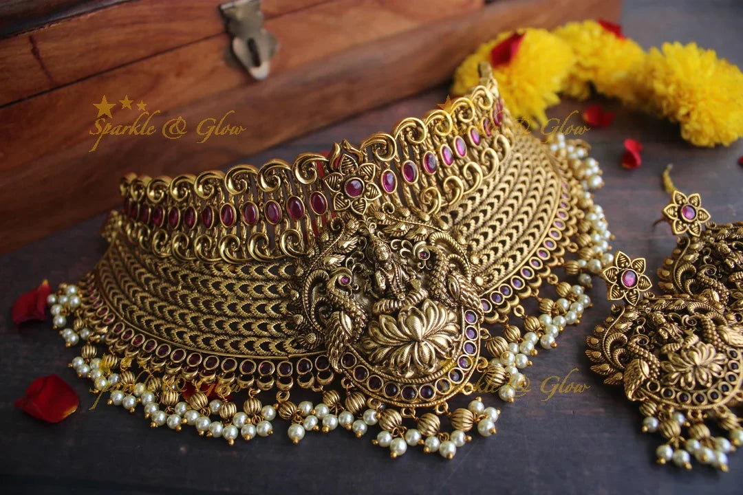 Gold alike Antique polished kemp Stone Lakshmi choker - Pink - Sparkle and Glow