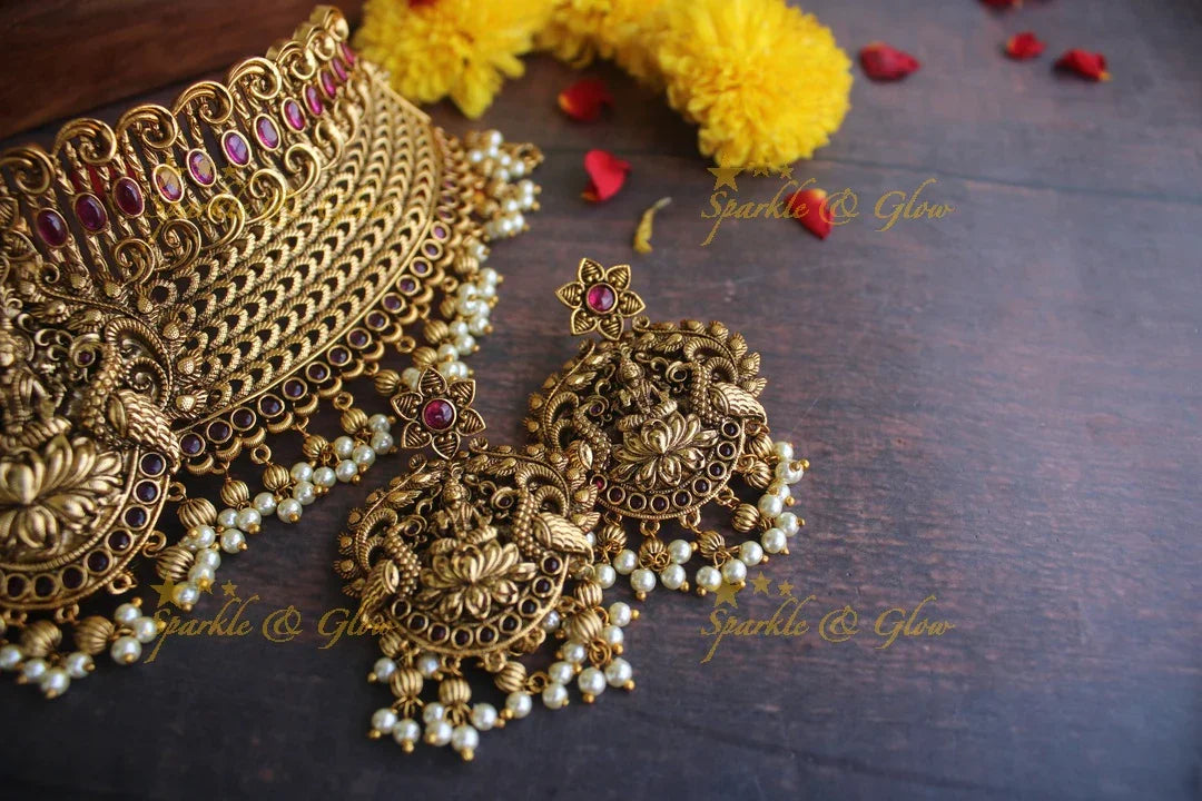 Gold alike Antique polished kemp Stone Lakshmi choker - Pink - Sparkle and Glow