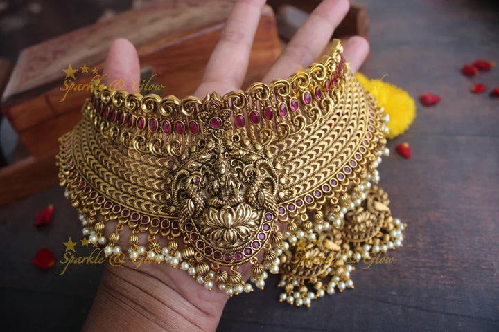 Gold alike Antique polished kemp Stone Lakshmi choker - Pink - Sparkle and Glow