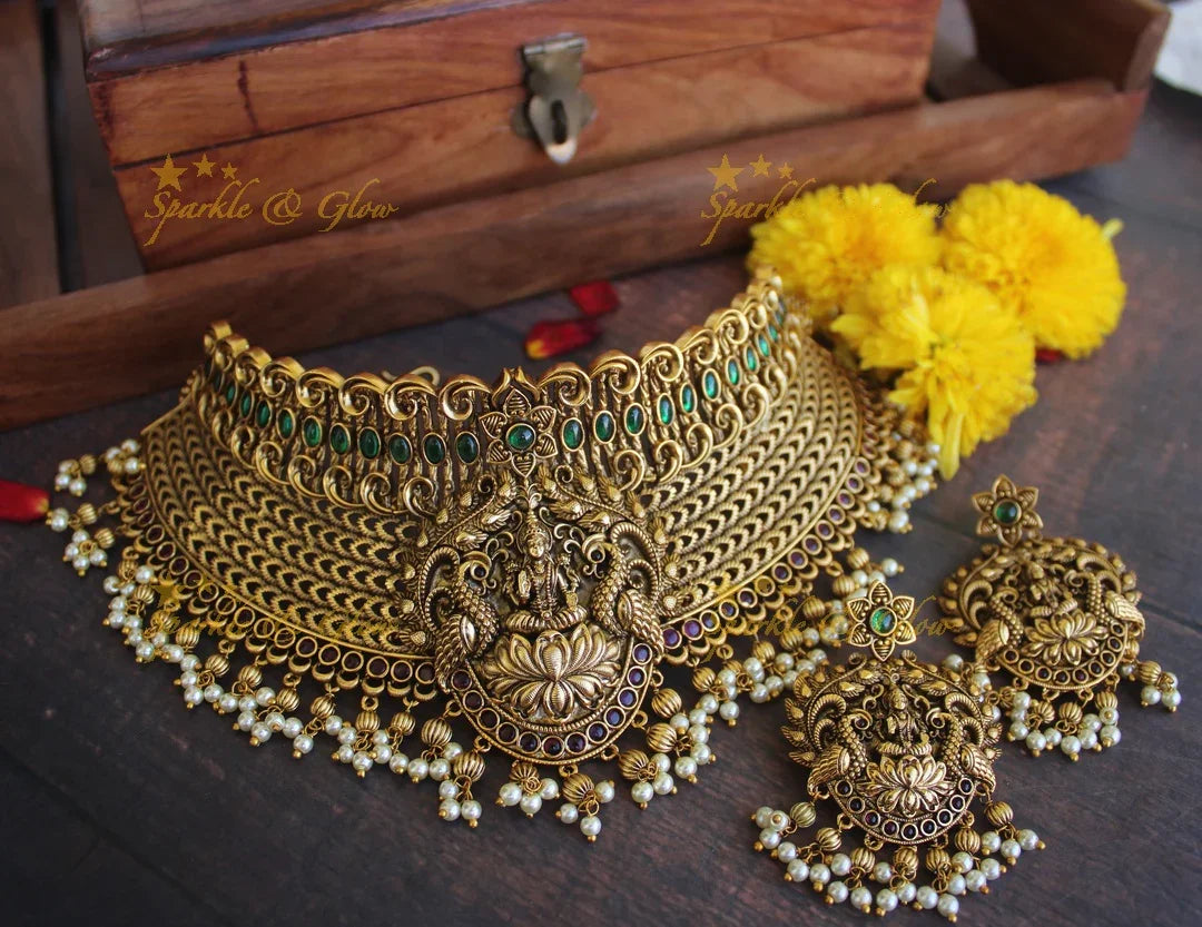 Gold alike Antique polished kemp Stone Lakshmi choker - Pink - Sparkle and Glow