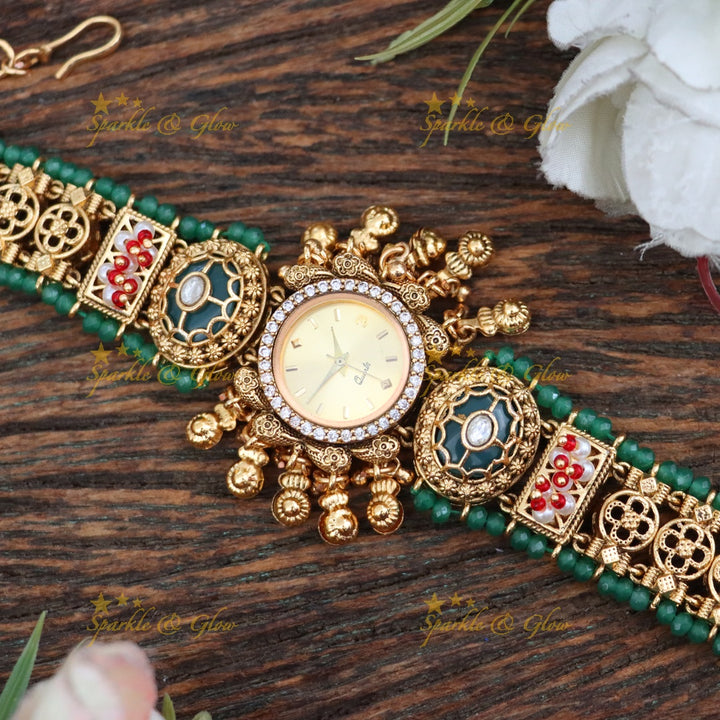 Exquisite Floral Green Heritage Watch | Sparkle & Glow