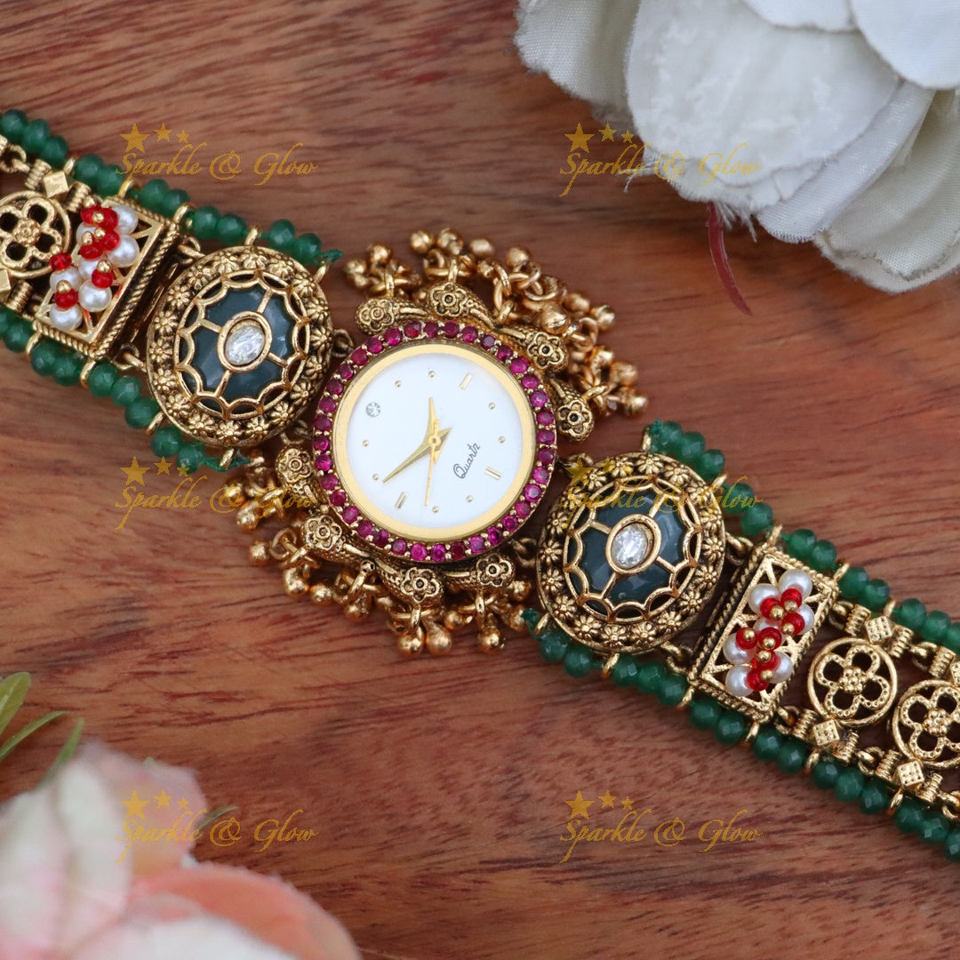 Exquisite Floral Green Heritage Watch | Sparkle & Glow