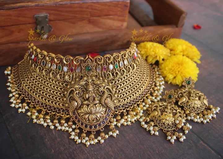 Gold alike Antique polished kemp Stone Lakshmi choker - Pink - Sparkle and Glow