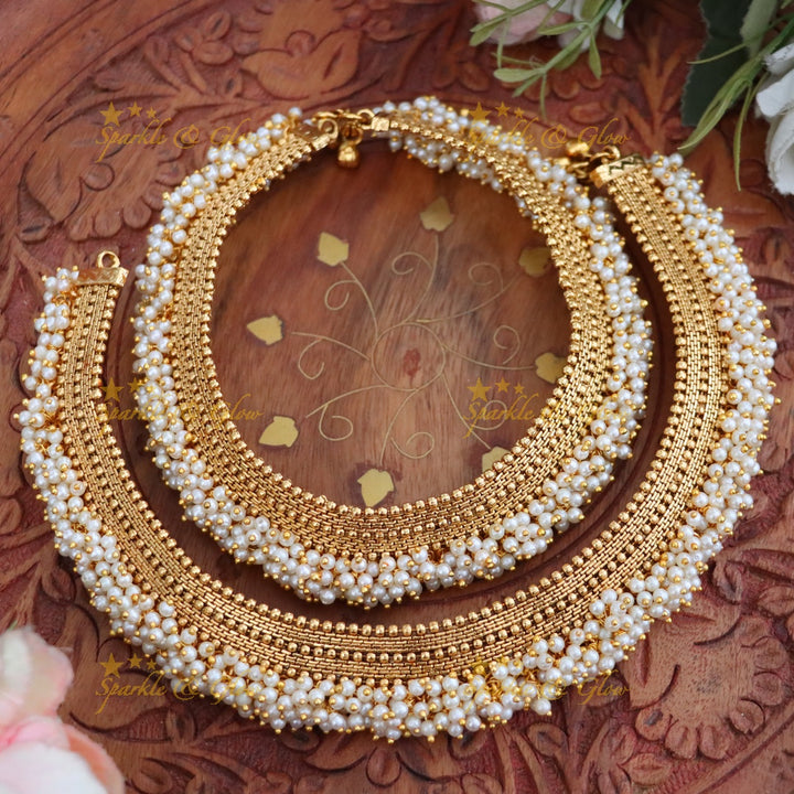 Antique Gold Bridal Anklets with Bead Fringe