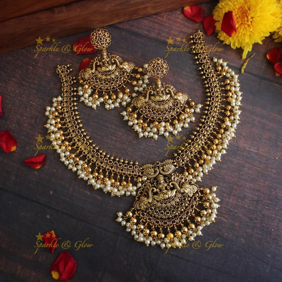 Gold alike Antique polished intricate Lakshmi necklace with gutta pusalu - Sparkle and Glow